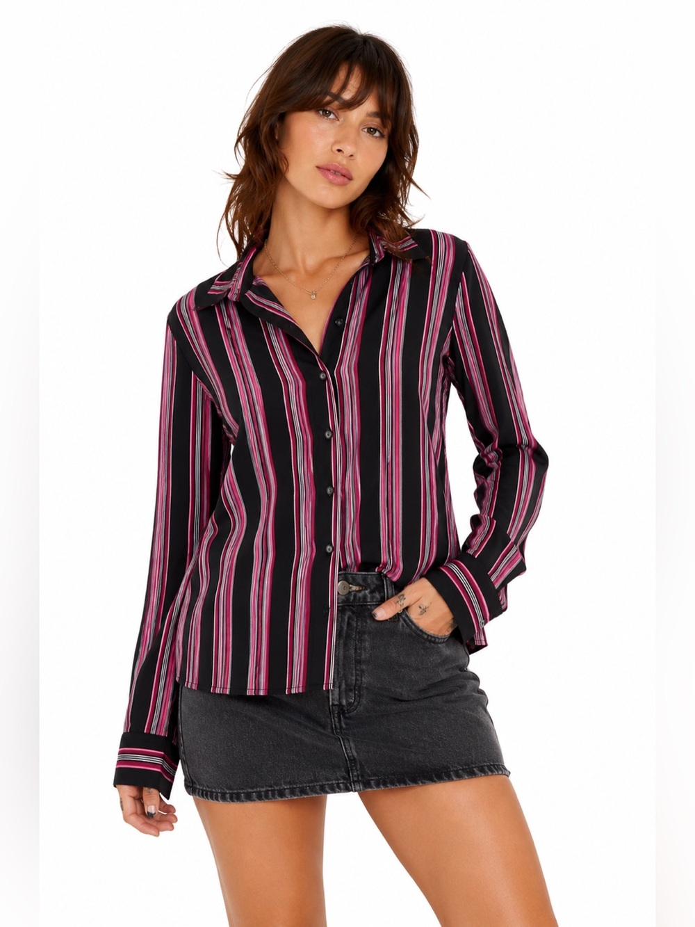 Y2K Vintage Foxcroft Pinstripe Button Up Blouse (Black/Pink/White) Size 4